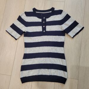 Women's Navy Blue and Grey Striped Soft Fluffy Top